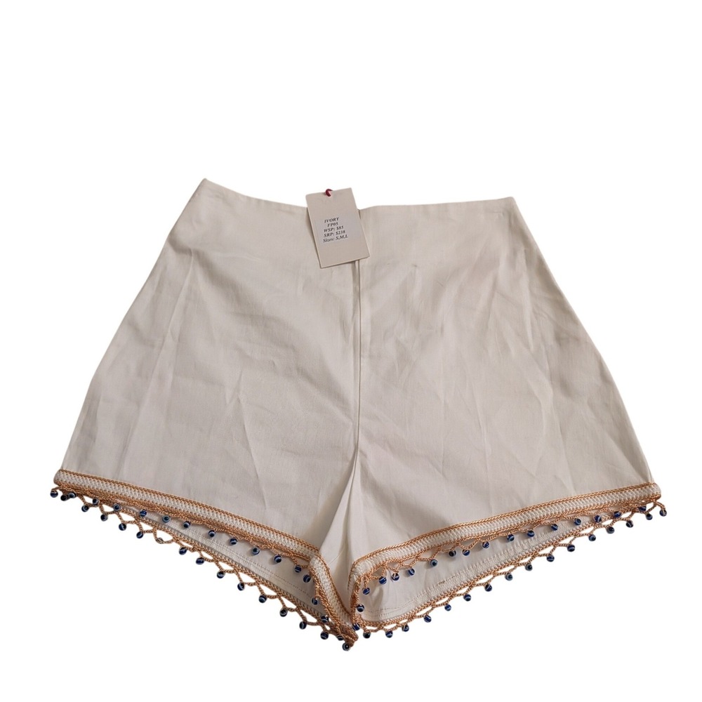 My Beachy Side Ivory Evil Eye Beaded Crochet Trim Shorts‎ Small NEW Resortwear